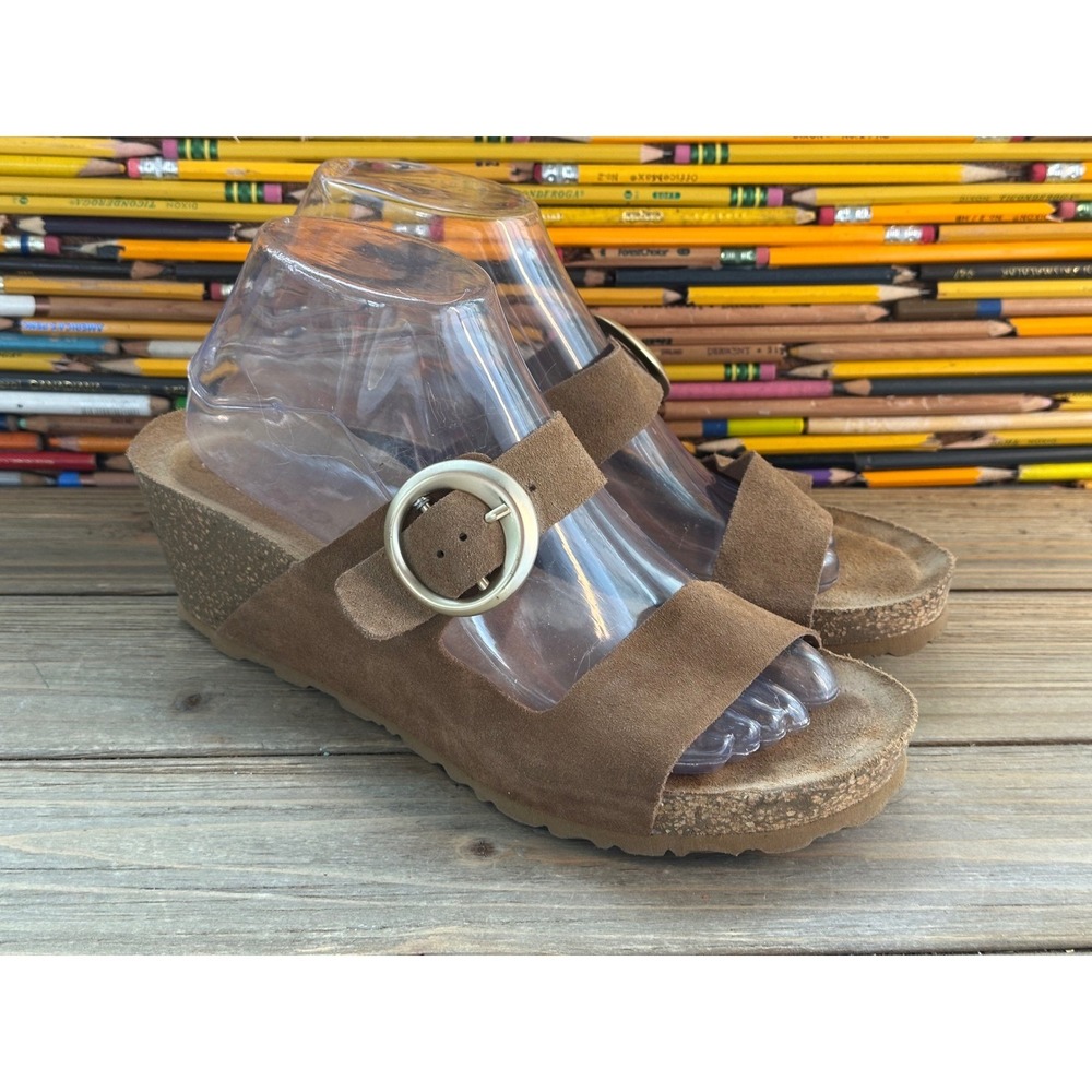 Yokono Wedge Sandals Suede Buckle Slide Womens 9 Brown Good